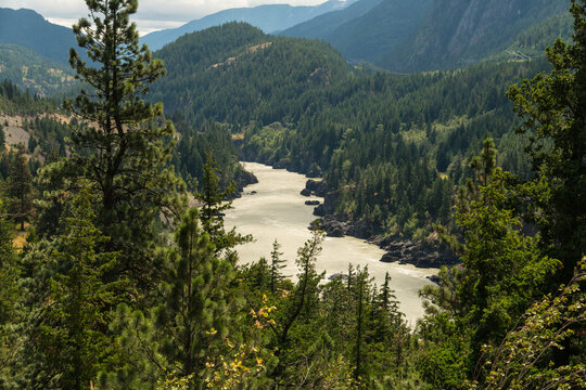 Canada, BC, Boston Bar.  View of the Fraser River in narrowing valley as it approaches the Fraser Canyon to the south.  