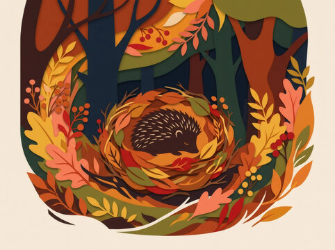Cozy Autumn Illustration of a Cute Hedgehog Sleeping in a Nest of Fall Leaves