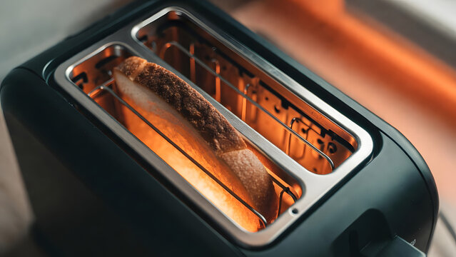 Toasting Bread in Toaster: A slice of bread is being toasted in a black toaster, with the bread glowing with heat and the coils visible inside.