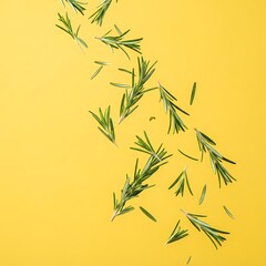 Fototapeta premium A vibrant display of fresh rosemary sprigs scattered across a cheerful yellow background, evoking a sense of natural aroma and culinary inspiration.