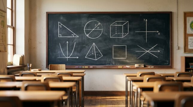 Empty classroom with mathematical diagrams on a blackboard. Rows of wooden desks and chairs in a school room. Education and geometry lesson concept