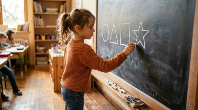 Young girl drawing geometric shapes on a blackboard in classroom. Elementary school student writing with chalk during a lesson. Education and learning concept