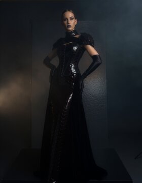 A dramatic fashion portrait featuring a black velvet gown with glossy obsidian dragon-scale textures, structured corset, long gloves, bold silhouette