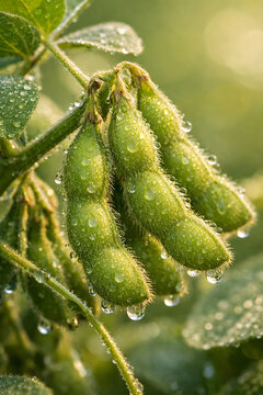Dew-Kissed Soybeans: A close-up shot captures a cluster of vibrant green soybeans on the vine, glistening with morning dew drops under the soft, warm light of sunrise.