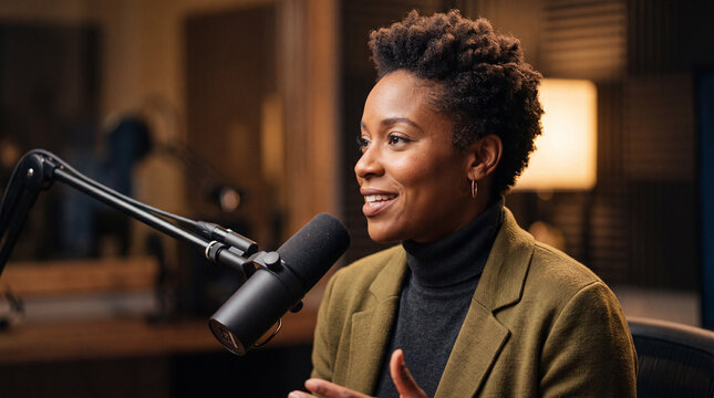 Female Media Professional Recording Podcast Episode with Headphones and Microphone in Contemporary Studio Environment