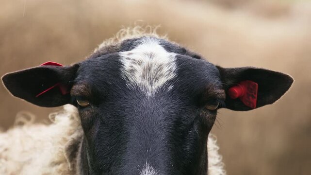 Close-up portrait of an alert sheep watching the camera with expressive eyes and attentive ears. Detailed head shot captures instinct, curiosity and vigilance in a natural pasture environment.