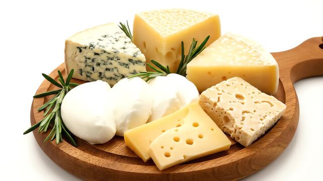 Assorted cheese selection on a wooden tray with sprigs of rosemary