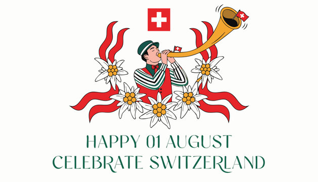 Swiss National Day Celebration: A vibrant illustration depicts a man in traditional Swiss attire playing a alphorn amidst edelweiss flowers.