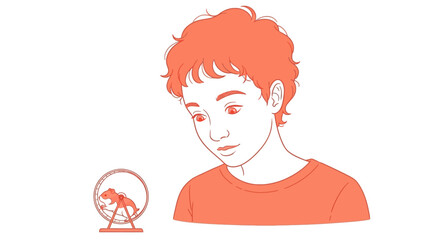 Young boy watching pet hamster in wheel