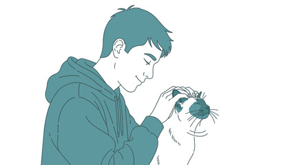 Young person gently petting a cat illustration
