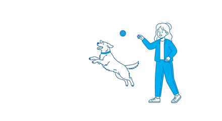 Young woman playing with happy dog catching a ball