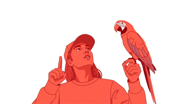 Young person in cap pointing at red parrot on hand