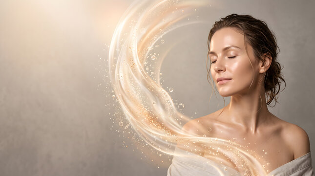 Woman closed eye face beauty portrait flowing white wave fabric skin care treatment background image
