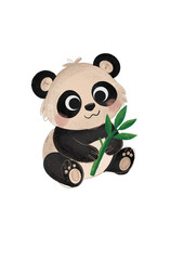 Cute Hand-Drawn Panda Holding Bamboo, Transparent Background © VicArt