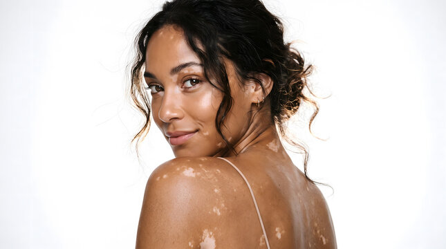 young woman looking back over shoulder showing vitiligo skin pattern with warm gentle smile portrait