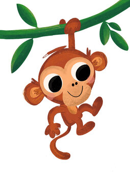 Cute Hand-Drawn Chimpanzee Hanging from a Vine, Transparent Background