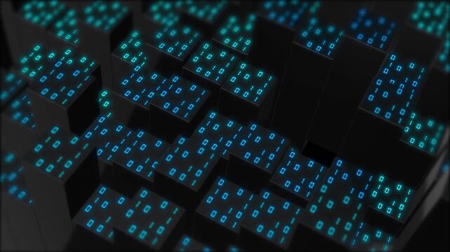 Glowing binary blocks 19 cyan code tiles, raised black cubes, and digital city depth. Perfect for data center concepts, AI visuals, network security promos, and futuristic video backgrounds.