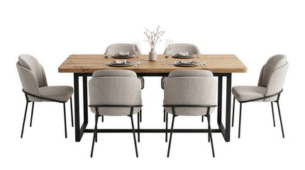 Fototapeta premium Modern wooden dining table with six upholstered chairs, industrial oak dinner table set, contemporary kitchen furniture isolated on white