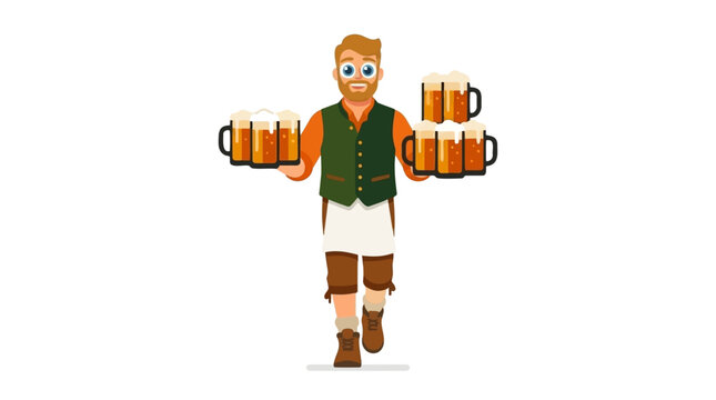 Illustration of a smiling waiter carrying several traditional beer mugs, isolated on a white background.