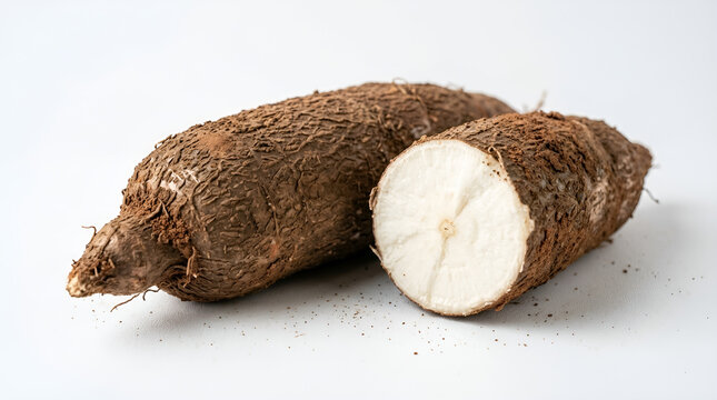 Two fresh cassava roots, one whole and one cut to reveal the white flesh, isolated on a white background. Ideal for agriculture, food, nutrition, and ingredient concepts.