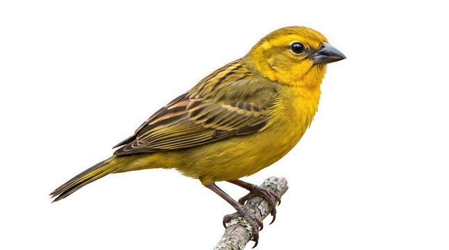 Vibrant yellow finch perched on a branch, small songbird with olive feathers on white background, colorful wild bird profile for nature design