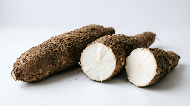 Two fresh cassava roots, one whole and one cut to reveal the white flesh, isolated on a white background. Ideal for agriculture, food, nutrition, and ingredient concepts.