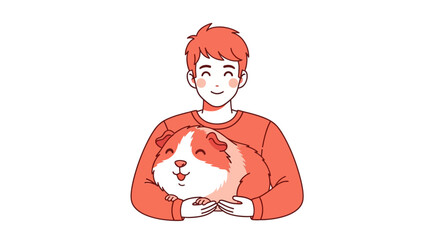 Young man holding happy pet guinea pig illustration