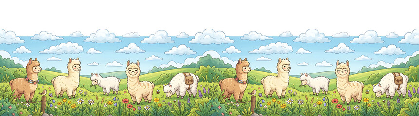 Fototapeta premium Charming Cartoon Alpacas Frolicking in a Vibrant Meadow with Flowers and Fluffy Clouds