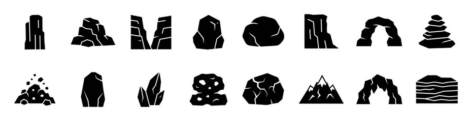 Set of black rock and stone icons with various shapes and formations including cliffs, piles, crystals, mountains, and arches on transparent background © Kateryna
