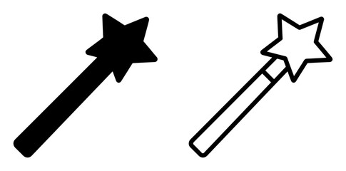 Black and white magic wand icons with star-shaped tips on transparent background © Kateryna