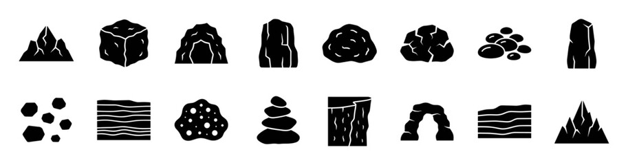 Set of black rock and stone icons including mountain, cube, cave, boulder, pebbles, cliff, and arch silhouettes on transparent background © Kateryna