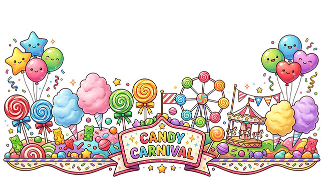 Vibrant Candy Carnival Scene with Ferris Wheel. Carousel. and Happy Treats. Festive Illustration