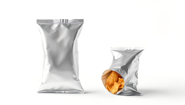 Blank silver foil snack food packaging pouches on white background