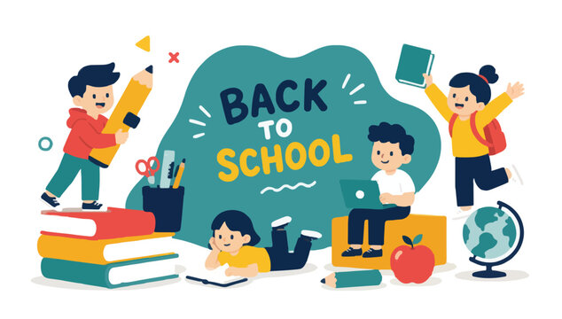 Flat education illustration with kids books and classroom objects