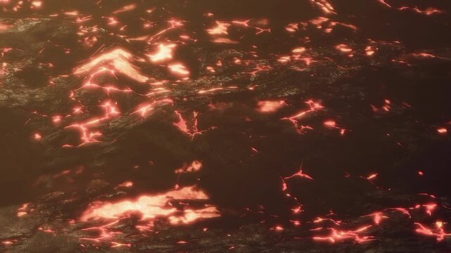 Lava moves in molten streams across the surface, illuminating the dark ground with bright orange red hues. The scene shows the raw power of nature in a volcanic area.