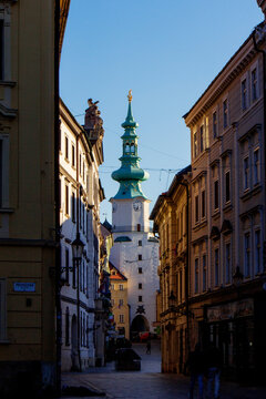 Streetscape in Old Town with Michaels Gate in the Background, Bratislava, Slovakia