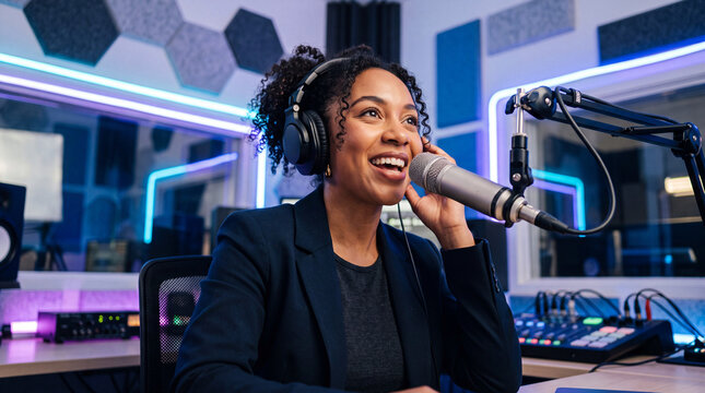 Cinematic Portrait of Female Business Founder Recording Podcast Episode with Professional Microphone in Warm Studio Light