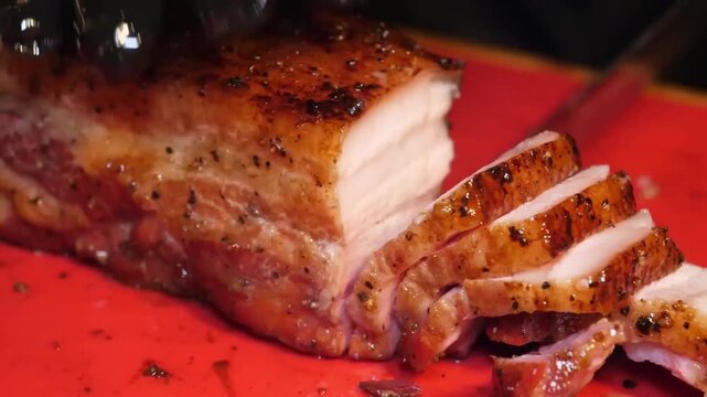 A professional chef wearing black gloves carefully slices into a succulent piece of grilled barbecue pork. The footage highlights the glistening, caramelized glaze and the tender, juicy interior of th