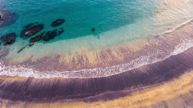 真上から捉えた遠浅の波打ち際と点在する岩礁のさざ波