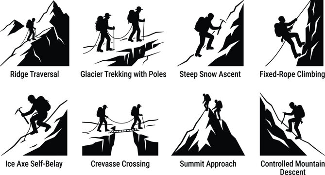 Mountain Climbing and Alpine Mountaineering Silhouette Collection Featuring Ice Axe Rope Glacier and Summit Adventure Scenes
