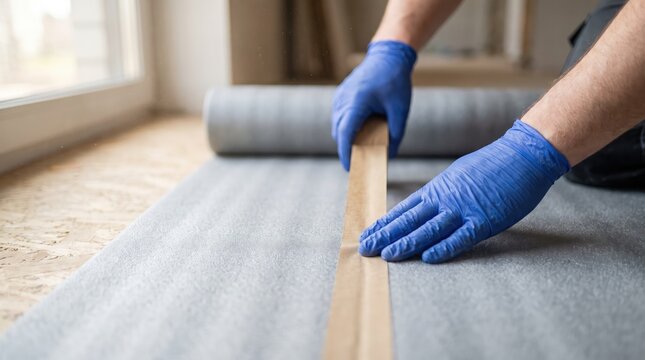 Worker with blue gloves installing gray floor underlayment near glass window