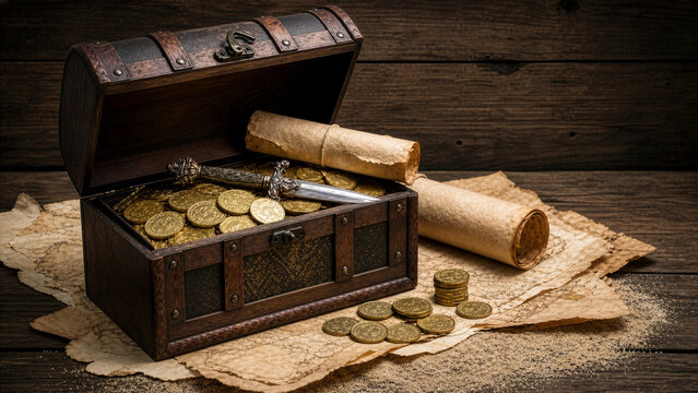 Vintage Pirate Treasure Chest Overflowing with Gold Coins, Dagger, and Ancient Maps on Dark Wooden Background