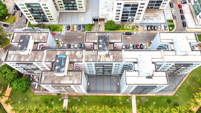 Aerial view of the Octogonal Sector neighborhood, notable for its octagonal-shaped residential buildings, planned green spaces and recreational areas, and proximity to City Park. Bras&iacute;lia, Brazil 2025