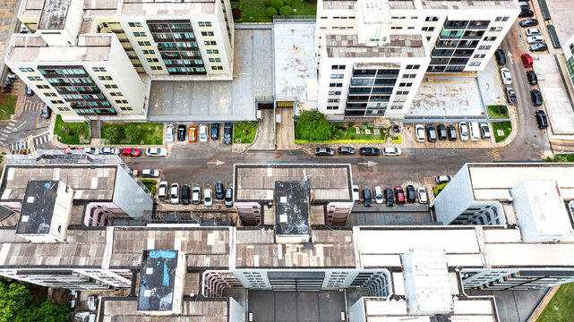 Aerial view of the Octogonal Sector neighborhood, notable for its octagonal-shaped residential buildings, planned green spaces and recreational areas, and proximity to City Park. Bras&iacute;lia, Brazil 2025