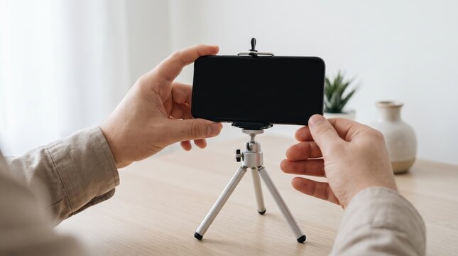 Person positions mobile phone for recording or streaming on tripod