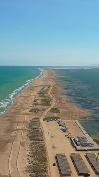 Aerial view of Trabucador Sandbar in Ebro Delta Natural Park, Deltebre, Catalonia, Spain