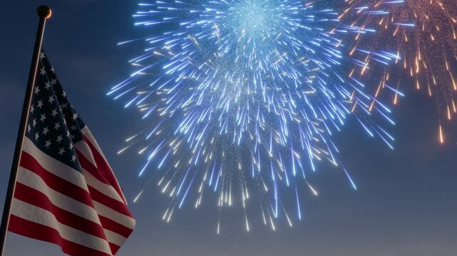 A United States flag waves in the night sky in front of New Year's fireworks