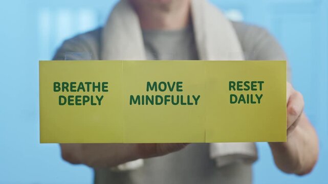 Unfocused athlete with a towel around his neck attaching yellow sticky notes with motivational wellness phrases like breathe deeply, move mindfully, and reset daily on a glass surface