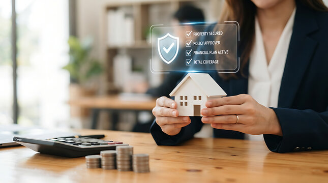Businesswoman Holding Small Model House for Property Security and Investment