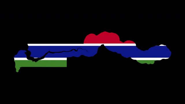 The Gambia map pop animation with flag colors and black background